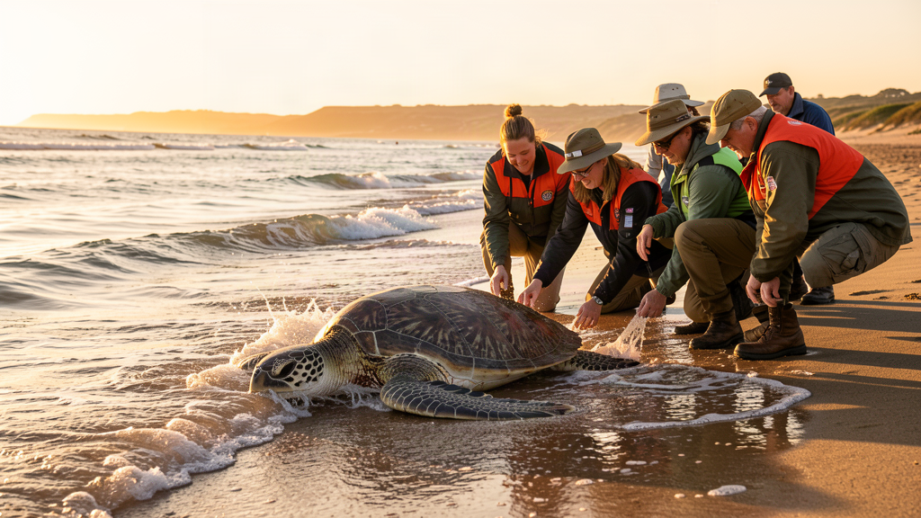 Conservationists releasing a rescued sea turtle at the beach during golden hour