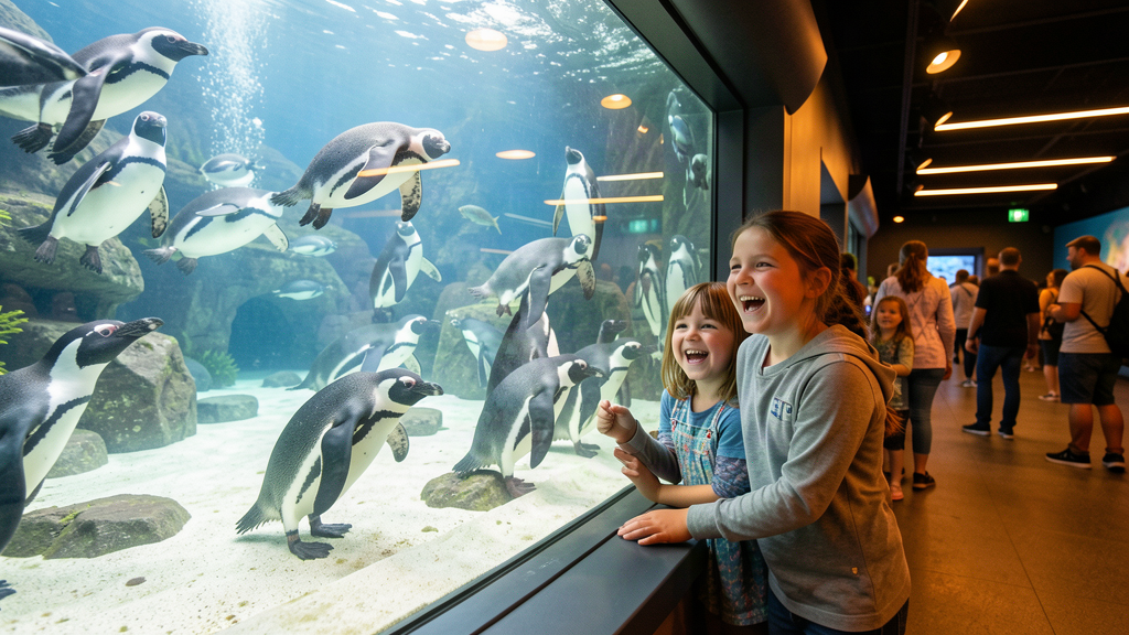 Family looking through aquarium glass at penguins underwater