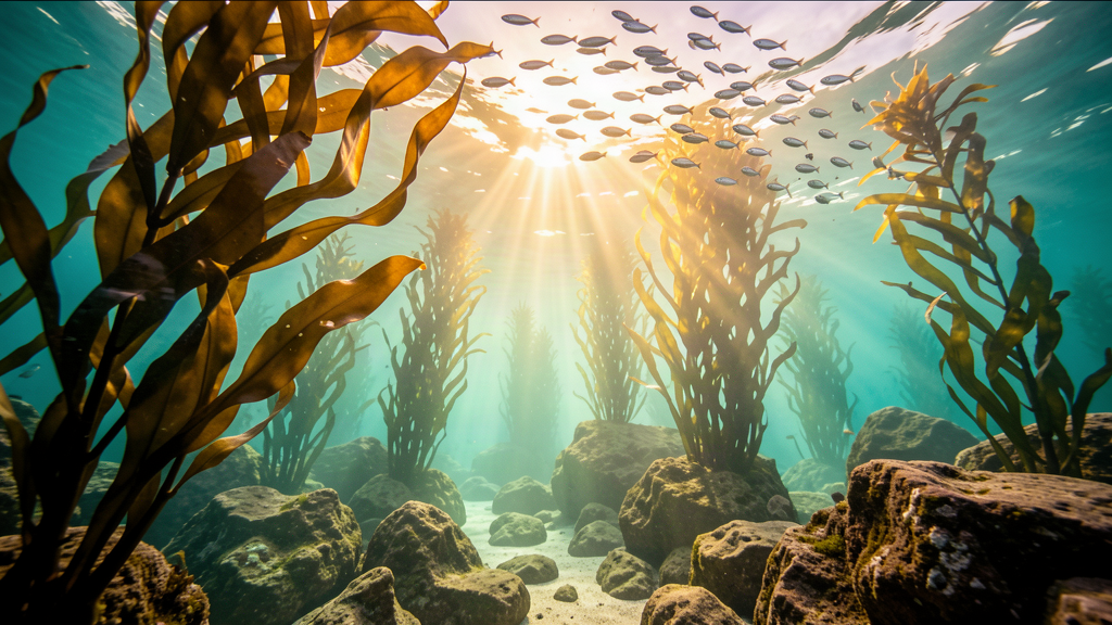 Sunlit kelp forest aquarium exhibit with schools of fish