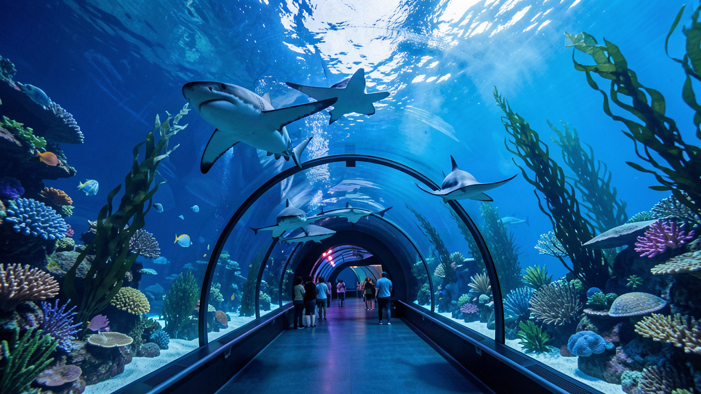 Interior view of a large marine aquarium tunnel with rays and reef fish gliding above visitors