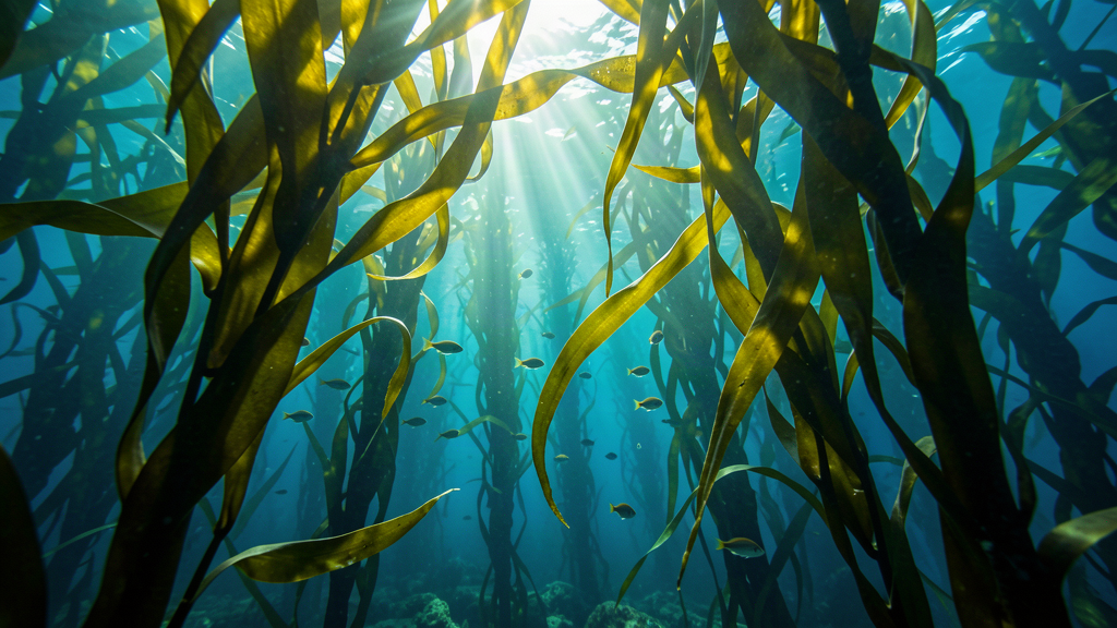 Cape kelp forest with sun rays through kelp fronds underwater
