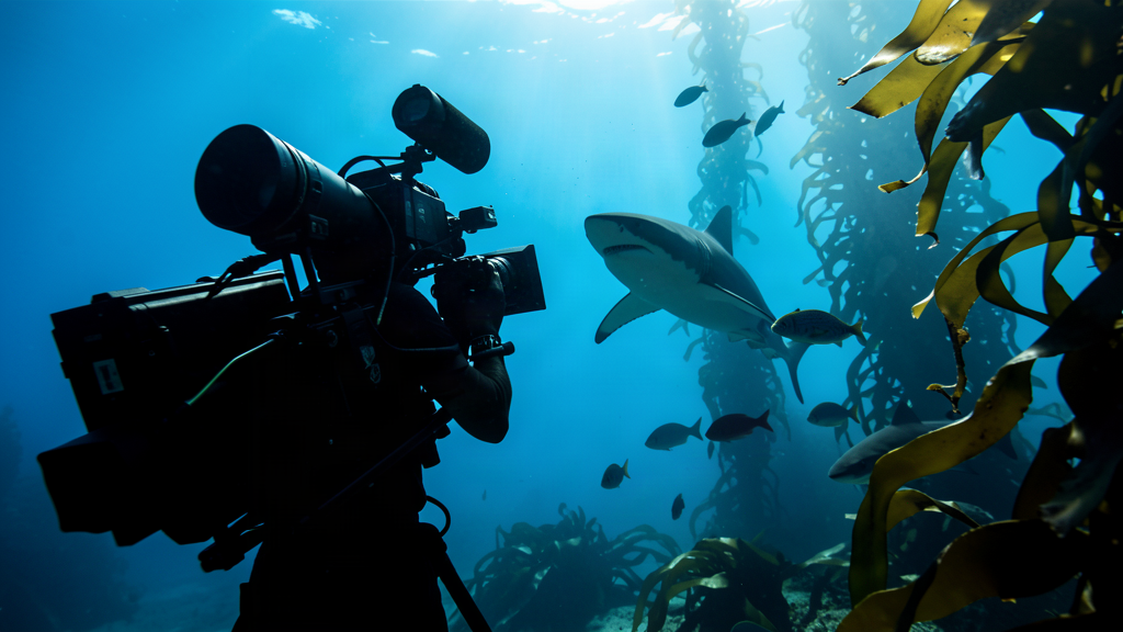 Underwater photographer with camera rig capturing sharks in clear blue water