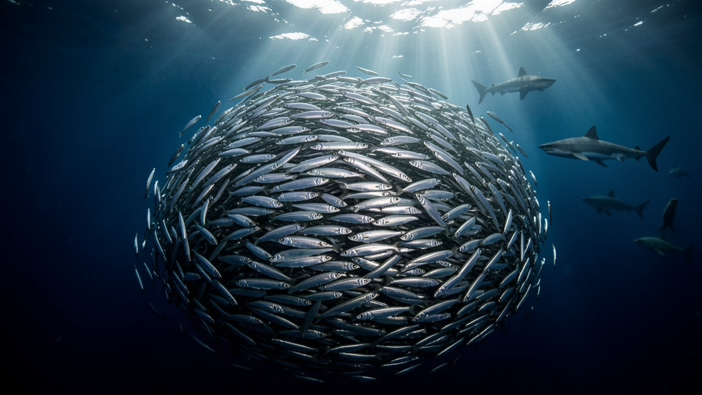 Massive bait ball of sardines swirling during the South African sardine run