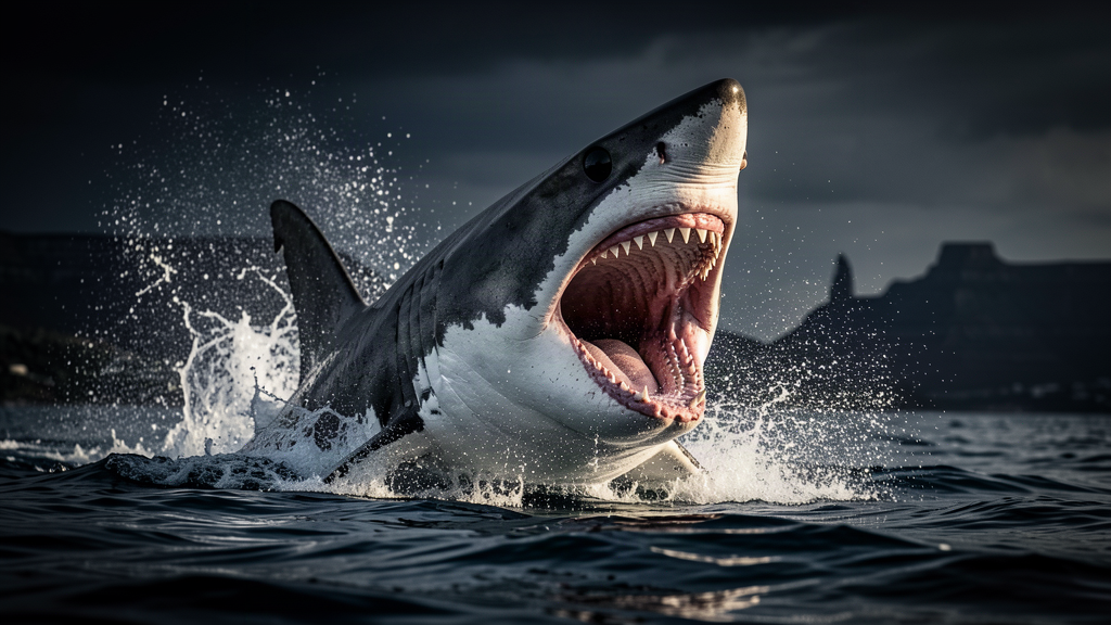 Great white shark with open mouth breaking ocean surface