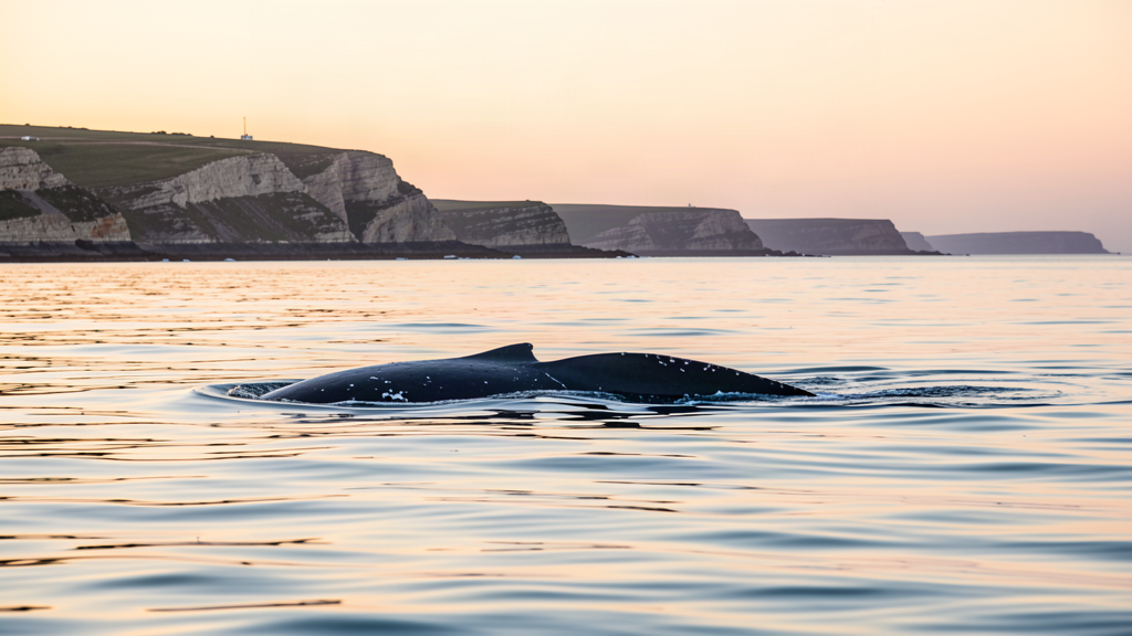 Southern right whale fluking tail at ocean surface near the coast
